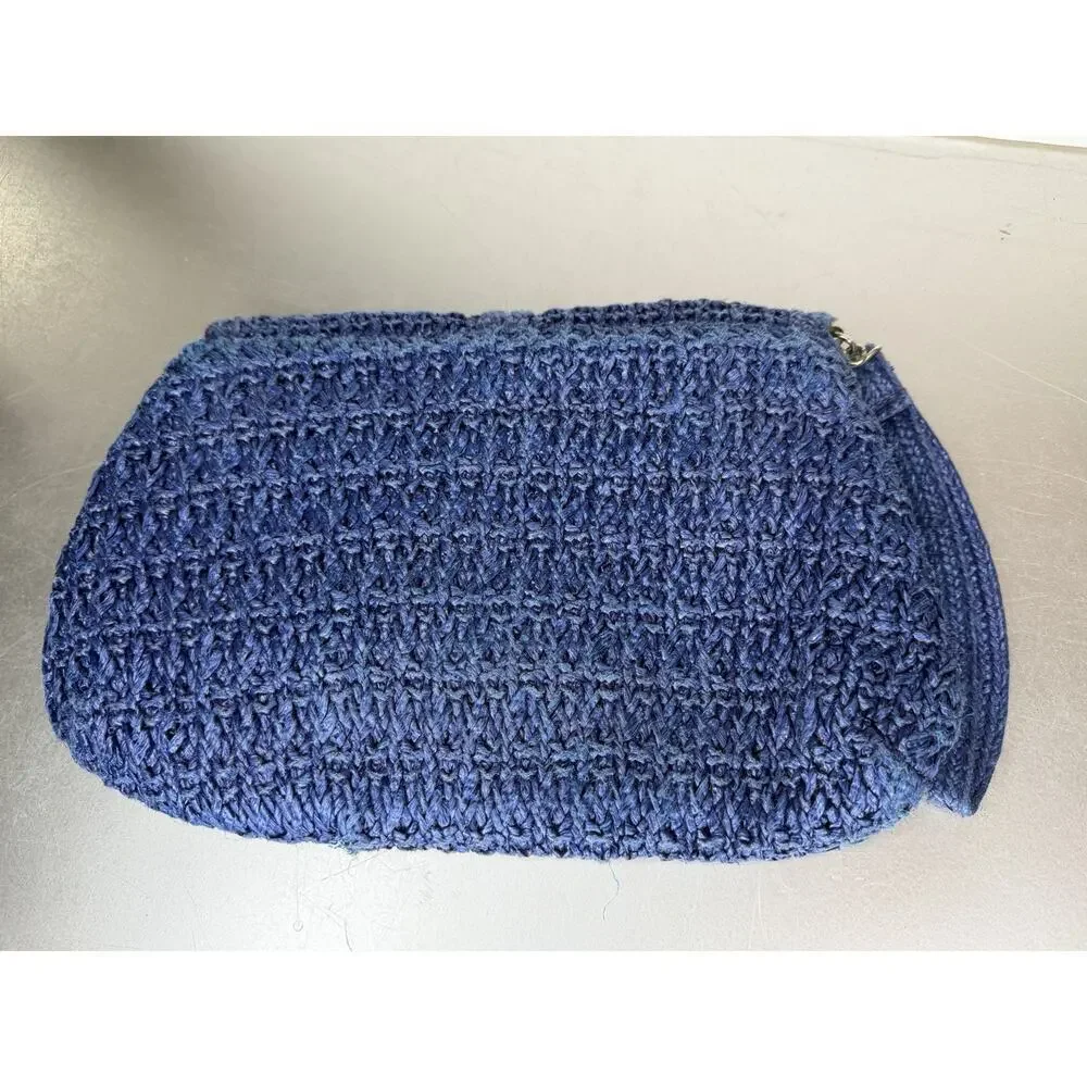 Vintage Gloria Astor Woven Wristlet Clutch Envelope Flap Crochet Purse 70s Blue